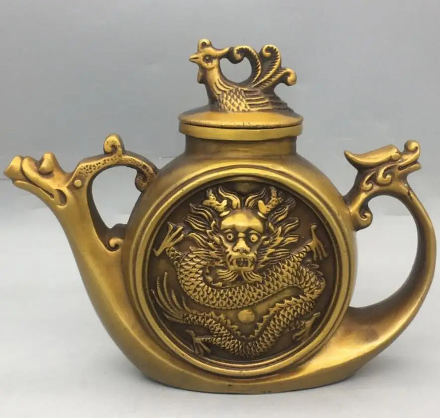 China brass dragon phoenix teapot crafts statue