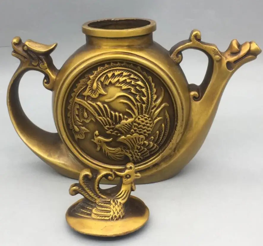 China brass dragon phoenix teapot crafts statue