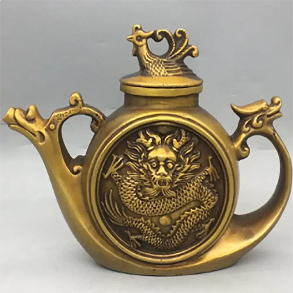 China brass dragon phoenix teapot crafts statue