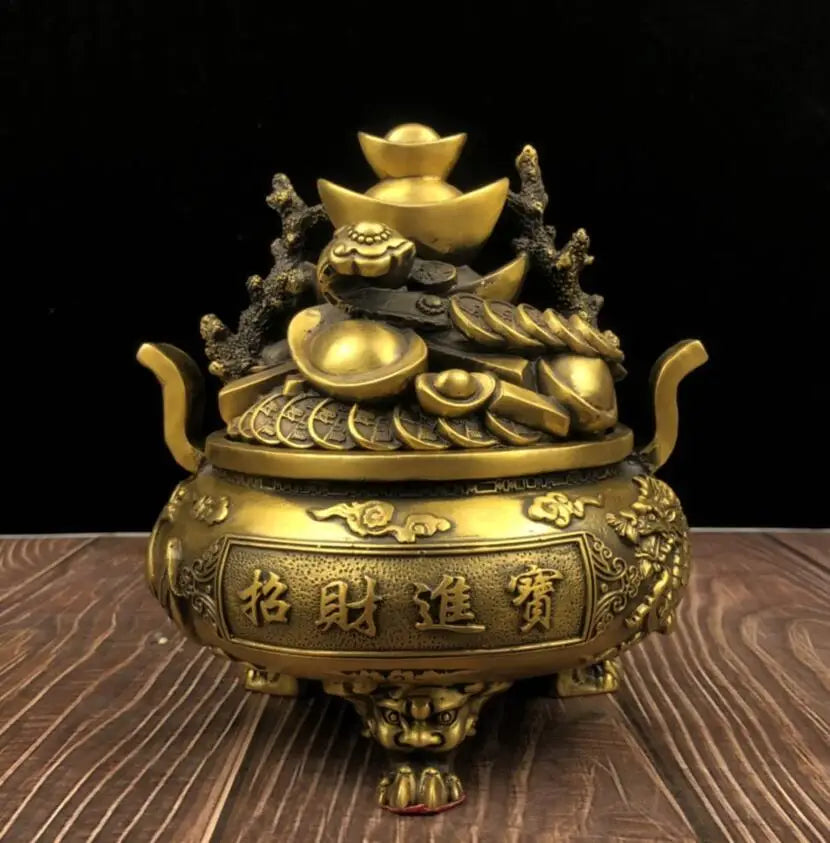 China brass dragon phoenix treasure bowl crafts statue