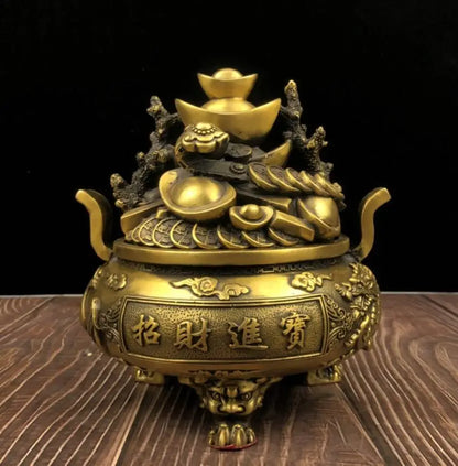 China brass dragon phoenix treasure bowl crafts statue