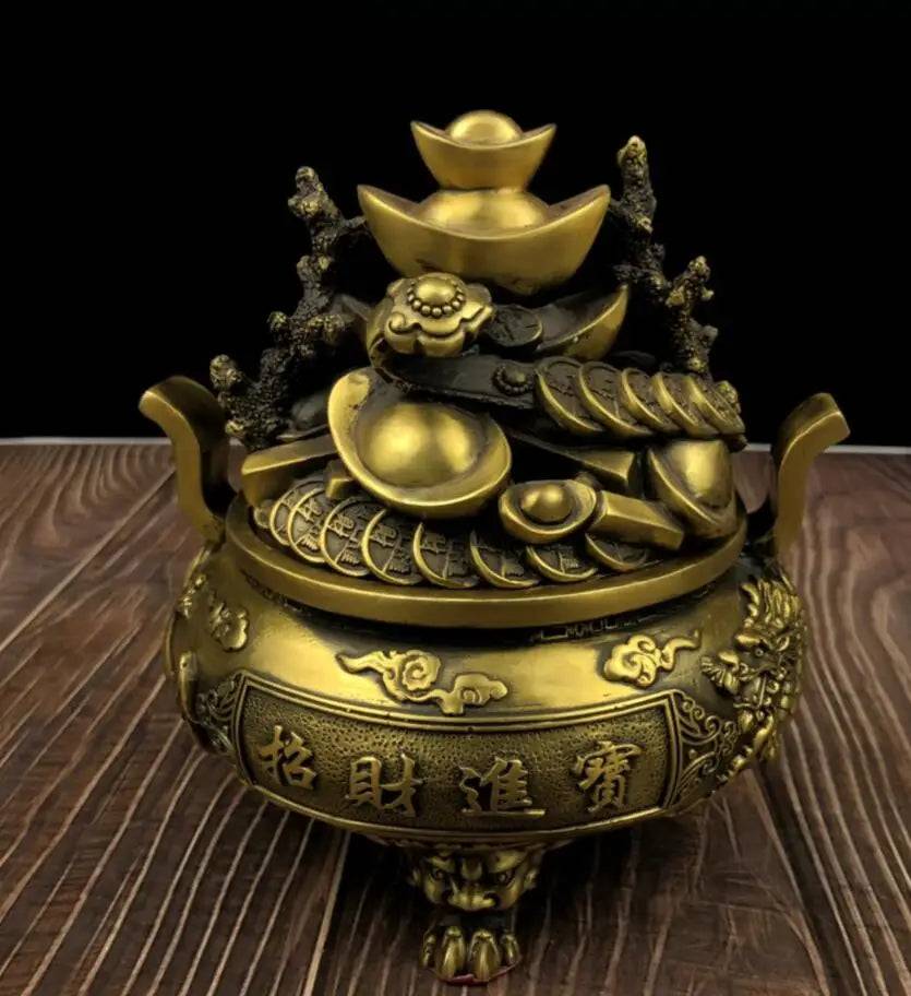 China brass dragon phoenix treasure bowl crafts statue