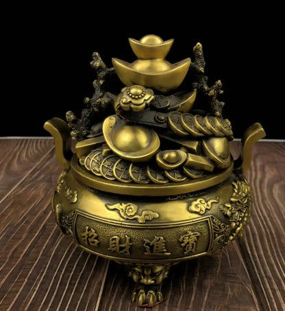 China brass dragon phoenix treasure bowl crafts statue