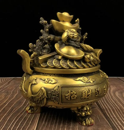 China brass dragon phoenix treasure bowl crafts statue