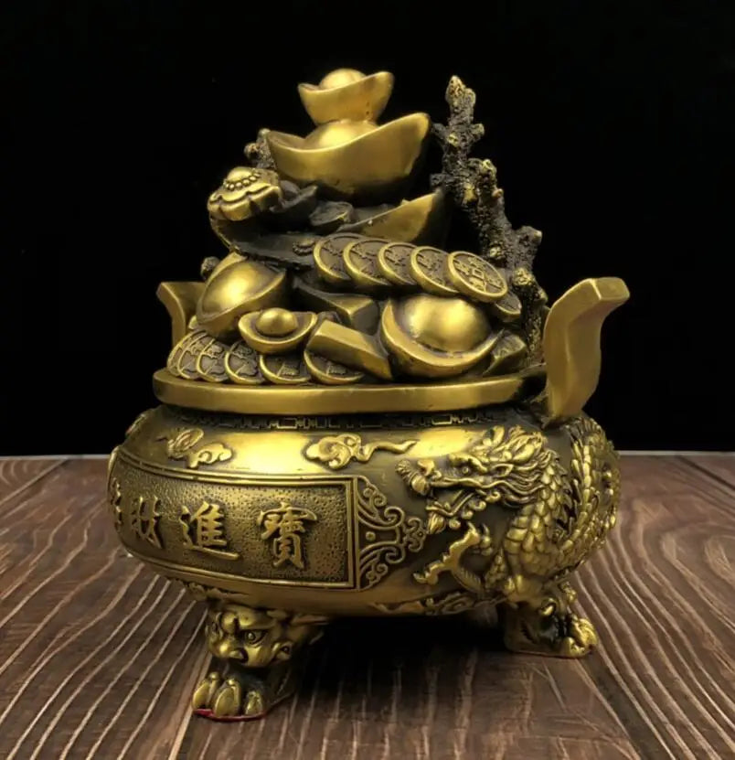 China brass dragon phoenix treasure bowl crafts statue