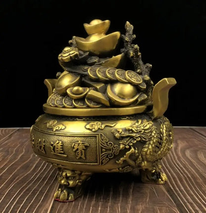 China brass dragon phoenix treasure bowl crafts statue