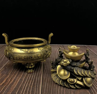 China brass dragon phoenix treasure bowl crafts statue