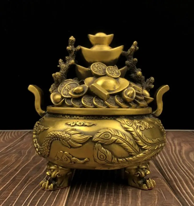 China brass dragon phoenix treasure bowl crafts statue