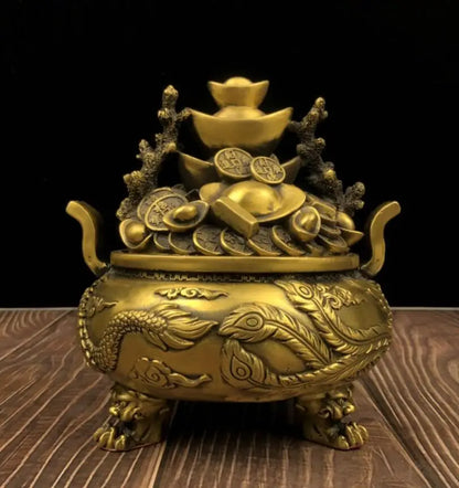 China brass dragon phoenix treasure bowl crafts statue