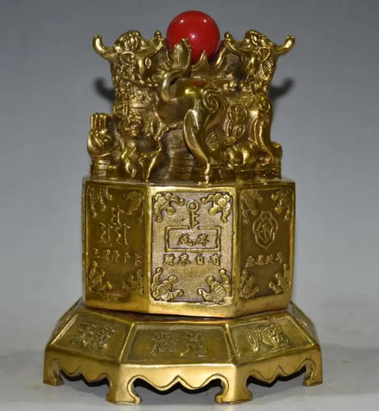 China brass eight trigrams double lion print chapter crafts statue