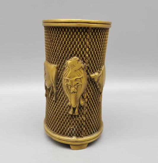 China brass five cow Pen holder crafts statue