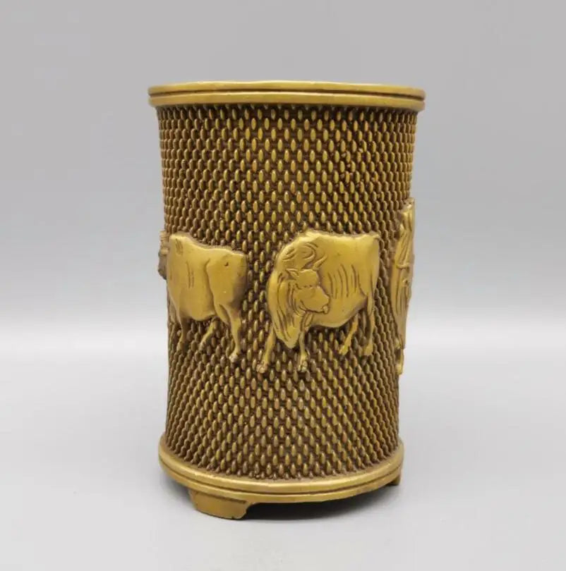 China brass five cow Pen holder crafts statue