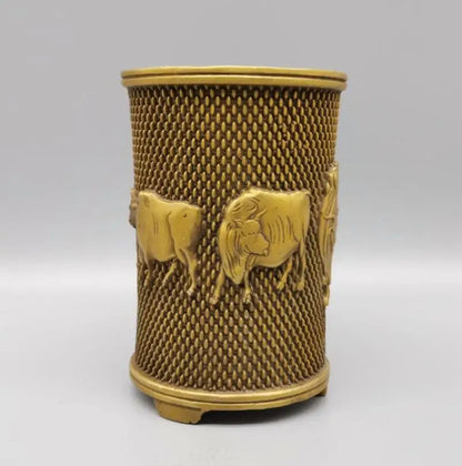 China brass five cow Pen holder crafts statue