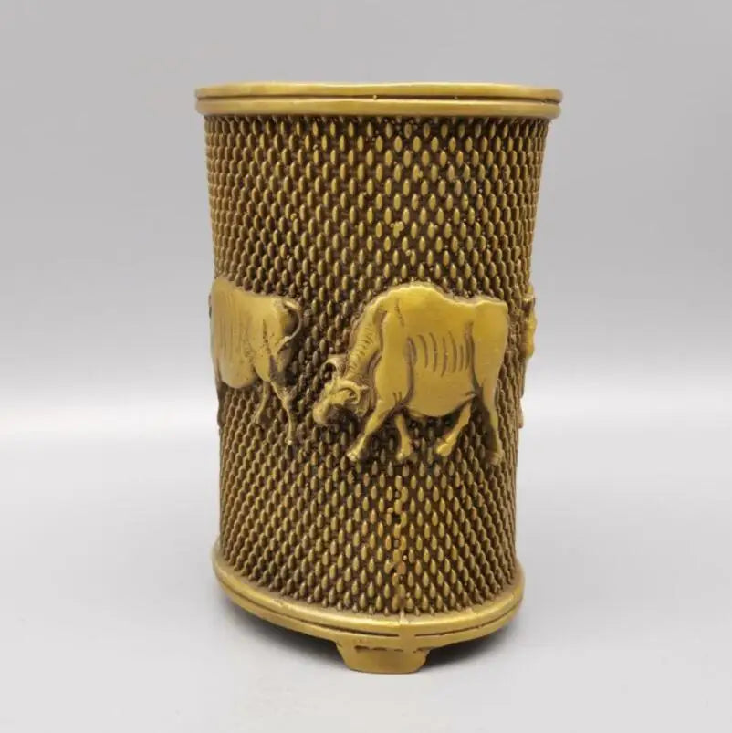 China brass five cow Pen holder crafts statue