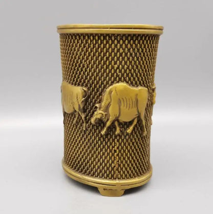 China brass five cow Pen holder crafts statue
