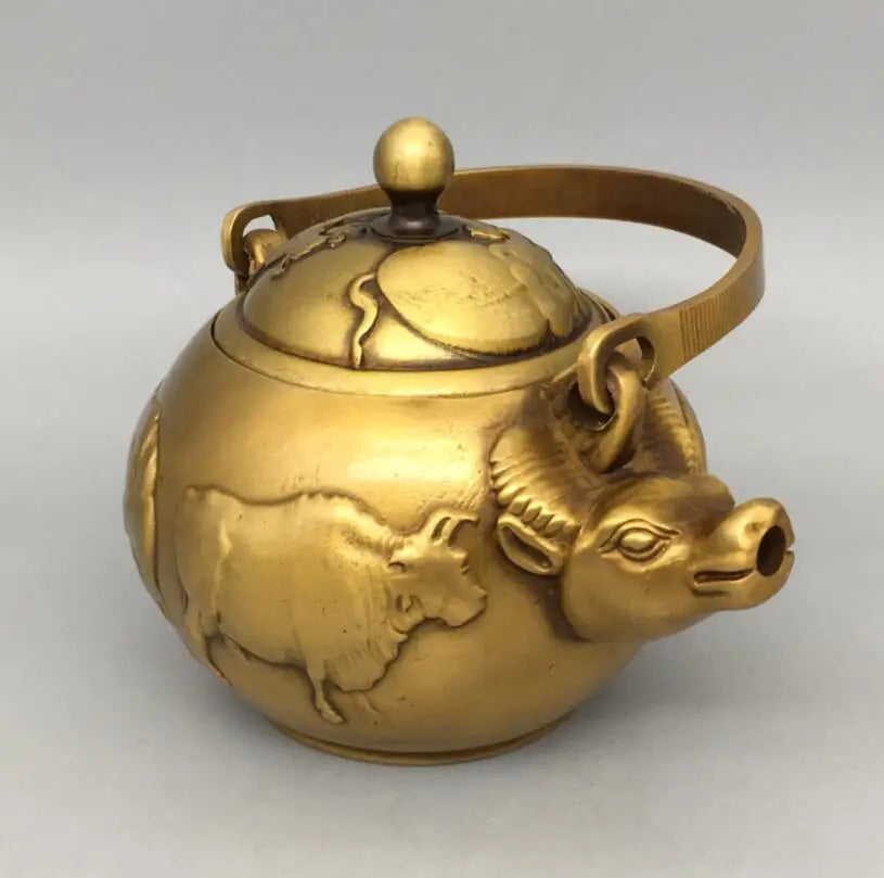 China brass five cow teapot crafts statue