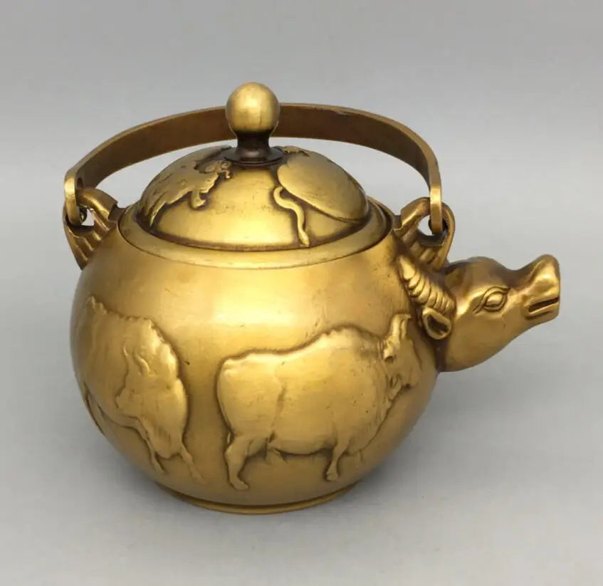 China brass five cow teapot crafts statue