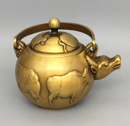China brass five cow teapot crafts statue