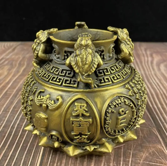 China brass four gold toad treasure bowl crafts statue