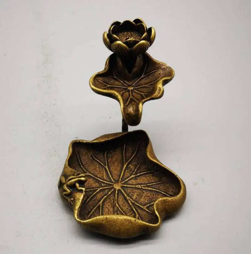 China brass frog Lotus leaf Backflow incense small crafts statue