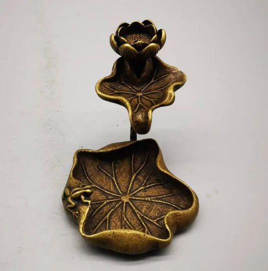 China brass frog Lotus leaf Backflow incense small crafts statue
