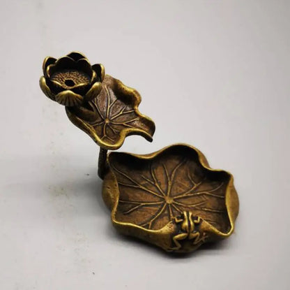 China brass frog Lotus leaf Backflow incense small crafts statue