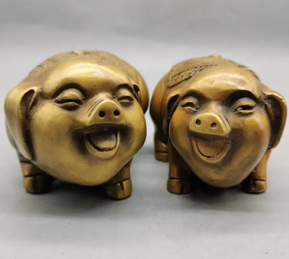 China brass gold pig send blessing crafts statue A pair