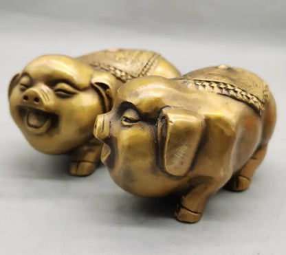 China brass gold pig send blessing crafts statue A pair