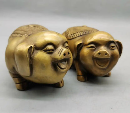 China brass gold pig send blessing crafts statue A pair