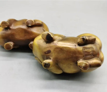 China brass gold pig send blessing crafts statue A pair