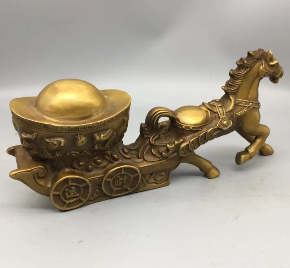 China brass horse pull Ingots wealth crafts statue