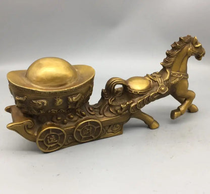 China brass horse pull Ingots wealth crafts statue