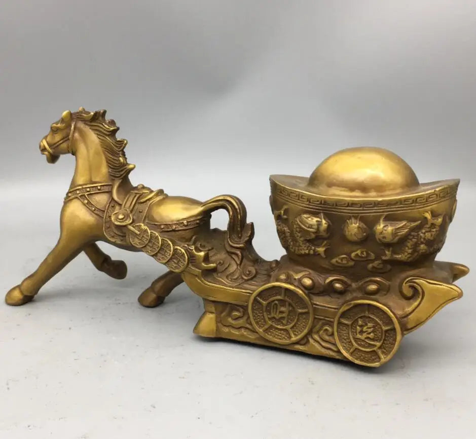 China brass horse pull Ingots wealth crafts statue