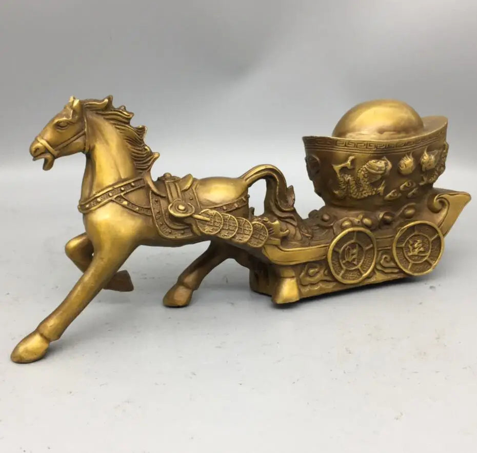China brass horse pull Ingots wealth crafts statue