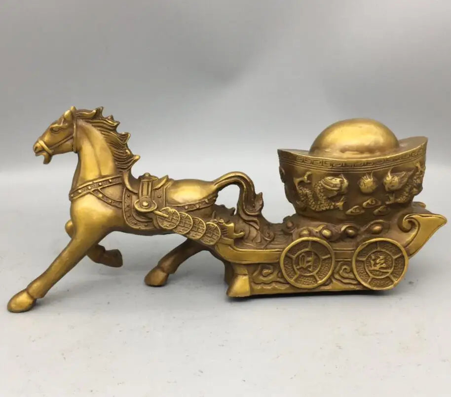 China brass horse pull Ingots wealth crafts statue