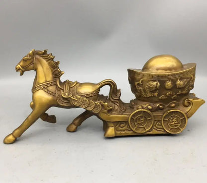 China brass horse pull Ingots wealth crafts statue