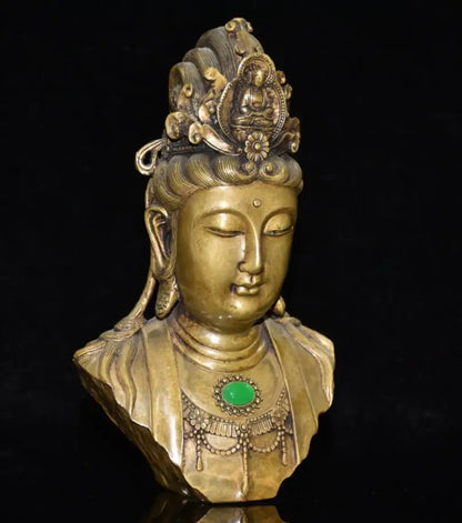 China brass inlay gem Guanyin head crafts statue