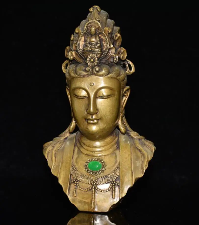 China brass inlay gem Guanyin head crafts statue