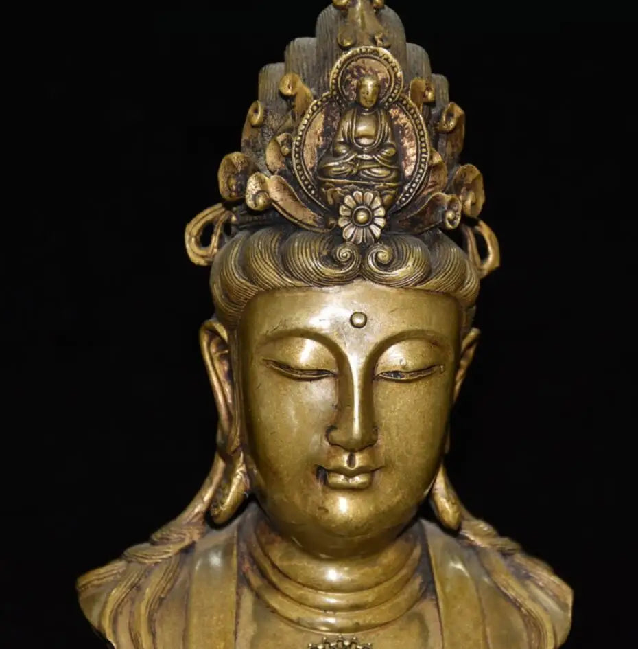 China brass inlay gem Guanyin head crafts statue