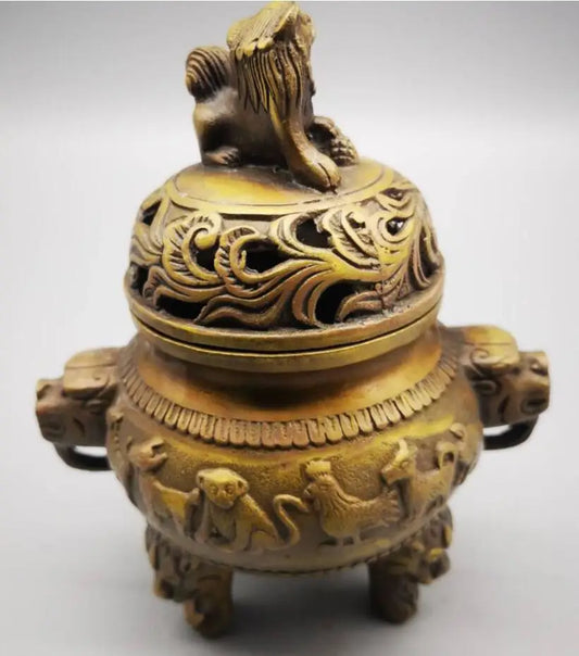China brass lion head zodiac incense burner crafts statue
