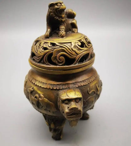 China brass lion head zodiac incense burner crafts statue