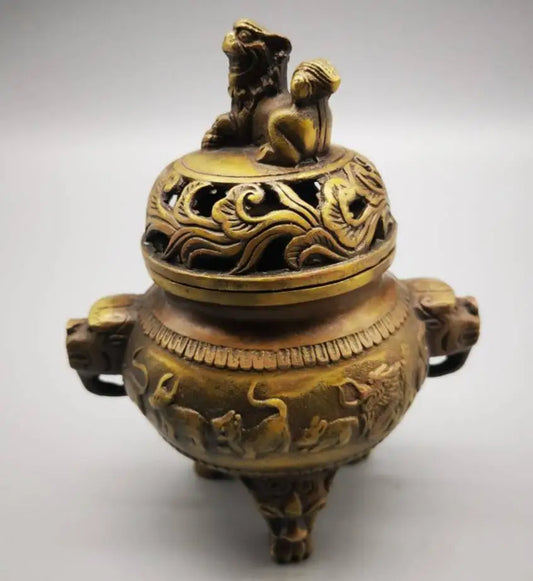 China brass lion head zodiac incense burner crafts statue