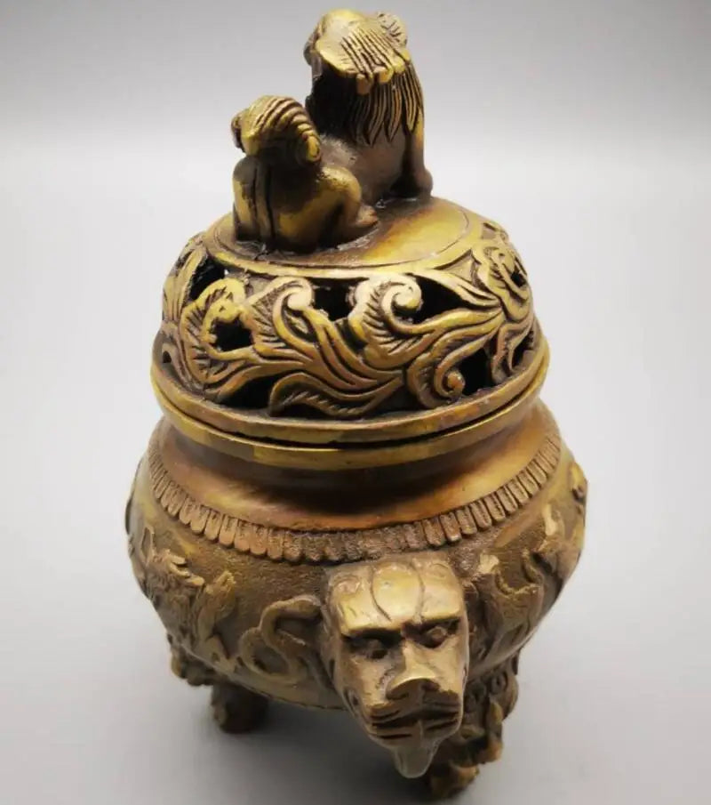 China brass lion head zodiac incense burner crafts statue