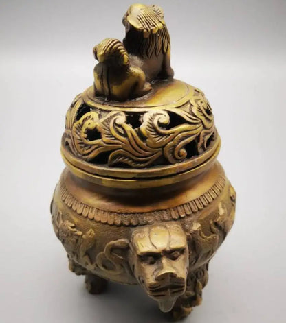 China brass lion head zodiac incense burner crafts statue