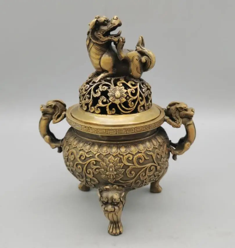 China brass lion lid Incense burner crafts statue