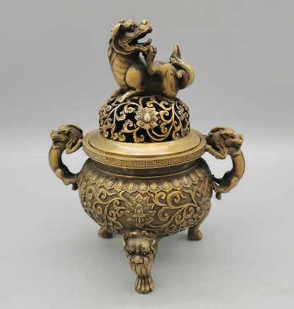China brass lion lid Incense burner crafts statue