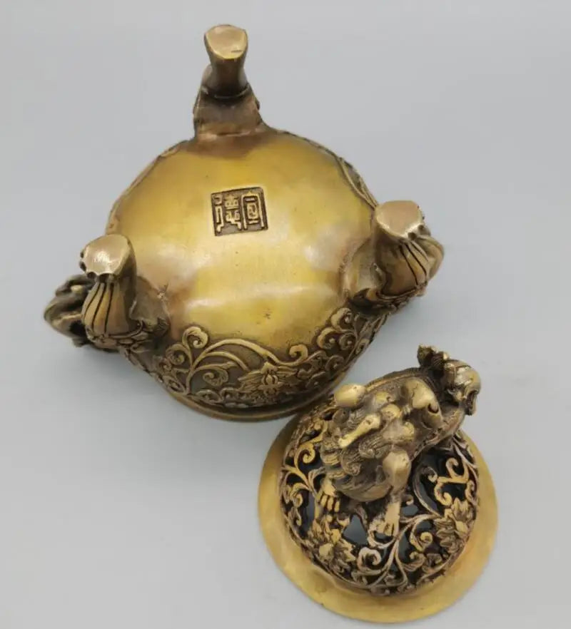 China brass lion lid Incense burner crafts statue