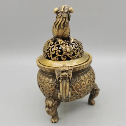 China brass lion lid Incense burner crafts statue