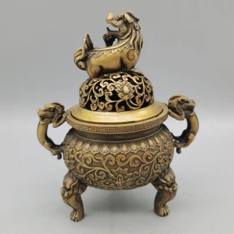 China brass lion lid Incense burner crafts statue