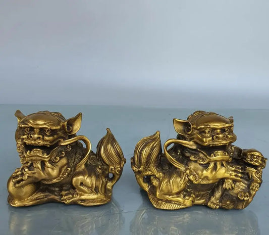 China brass lion small crafts statue A pair